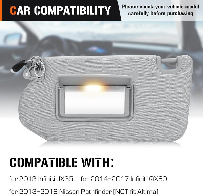 AEagle Sun Visor with Light for 2013-2018 Nissan Pathfinder, 2014-2017 Infiniti QX60, 2013 JX35, Left Driver Side Gray Sunvisor Replacement 96401-9PB0A - Image 2